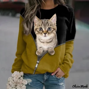 Cute Cat 3D Zipper Sweatshirt, Sweater - Yellow & Black Pullover