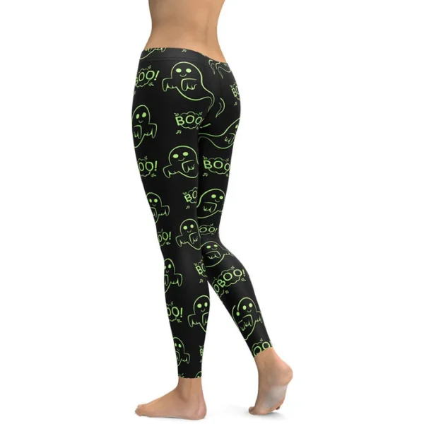 Halloween Ghost Print Leggings – "Boo!" Neon Green Design - Image 3