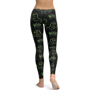 Halloween Ghost Print Leggings – "Boo!" Neon Green Design