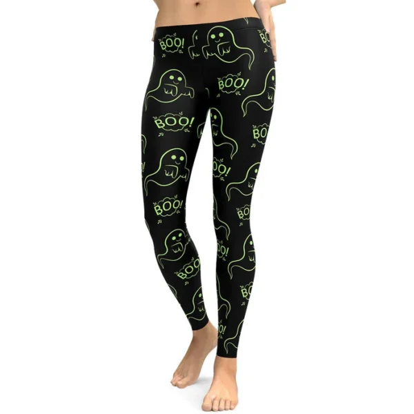 Halloween Ghost Print Leggings – "Boo!" Neon Green Design - Image 2