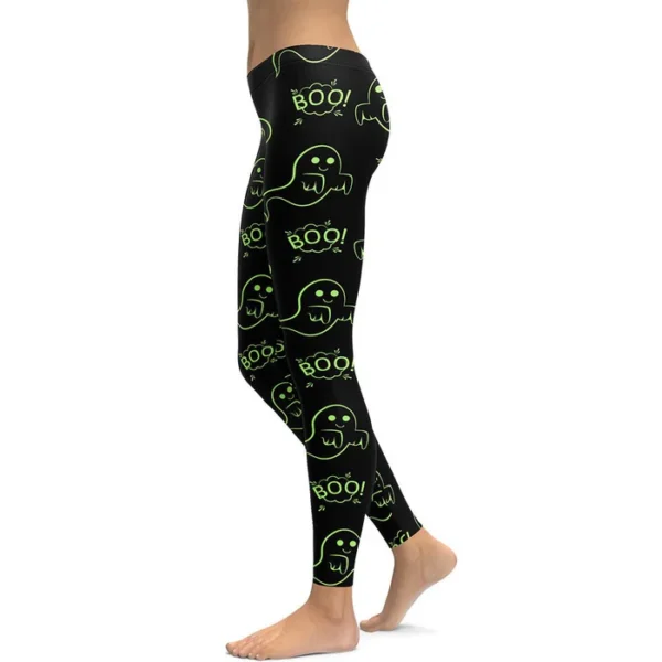 Halloween Ghost Print Leggings – "Boo!" Neon Green Design - Image 4