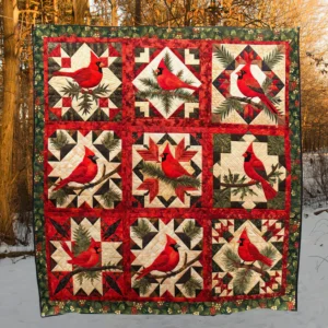 Cardinal Bird Quilt Blanket – Rustic Red Winter Bedding