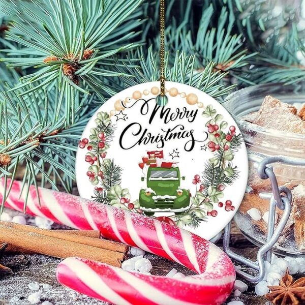 Merry Christmas Green Truck Ceramic Ornament – Holiday Wreath Design - Image 3