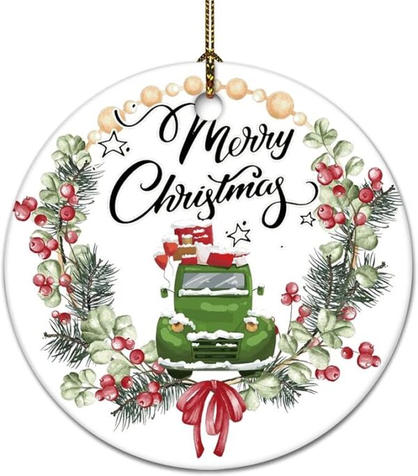 Merry Christmas Green Truck Ceramic Ornament – Holiday Wreath Design - Image 2