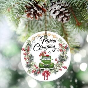 Merry Christmas Green Truck Ceramic Ornament – Holiday Wreath Design