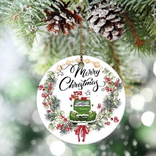 Merry Christmas Green Truck Ceramic Ornament – Holiday Wreath Design