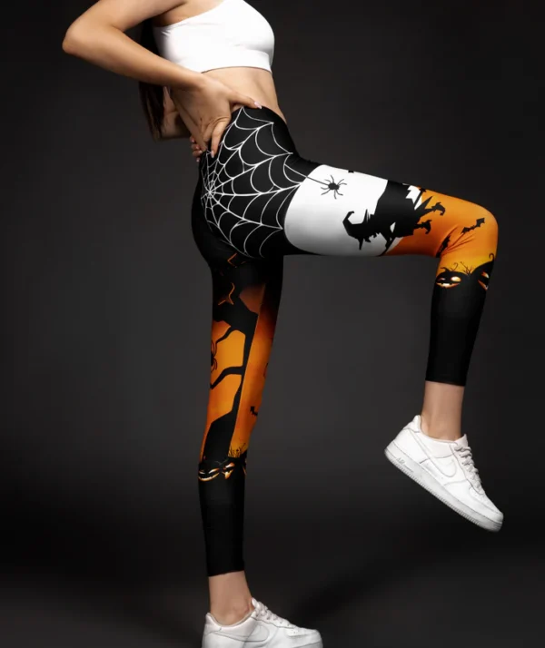 Halloween Print Leggings – Pumpkin, Bat & Full Moon Design - Image 3