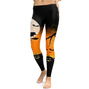 Halloween Print Leggings – Pumpkin, Bat & Full Moon Design