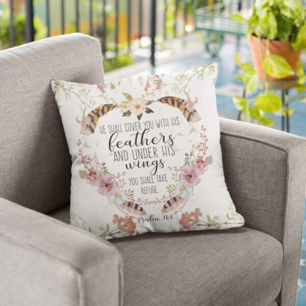 Bible Verse Pillow Case – Psalm 91:4 Feathers & Floral Design - Image 3