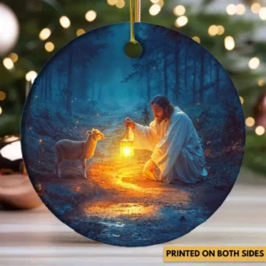 Jesus with Lamb Ceramic Ornament – Christian Christmas Decoration