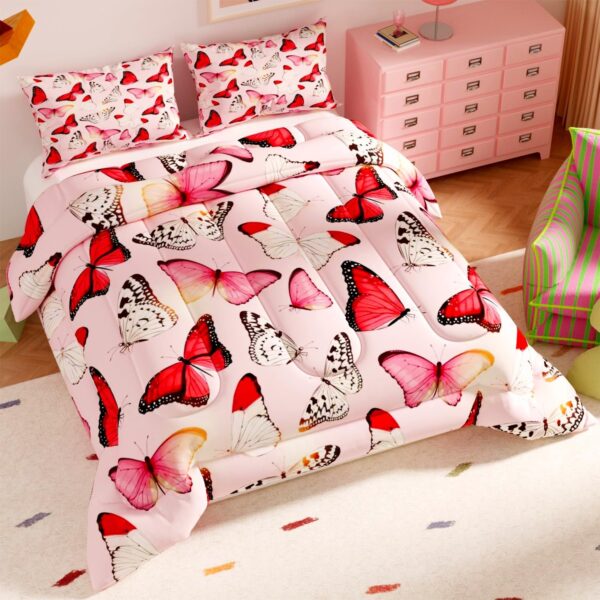 Pink Butterfly Bedding Set – Elegant Comforter with Red & Pink Butterfly Print - Image 3