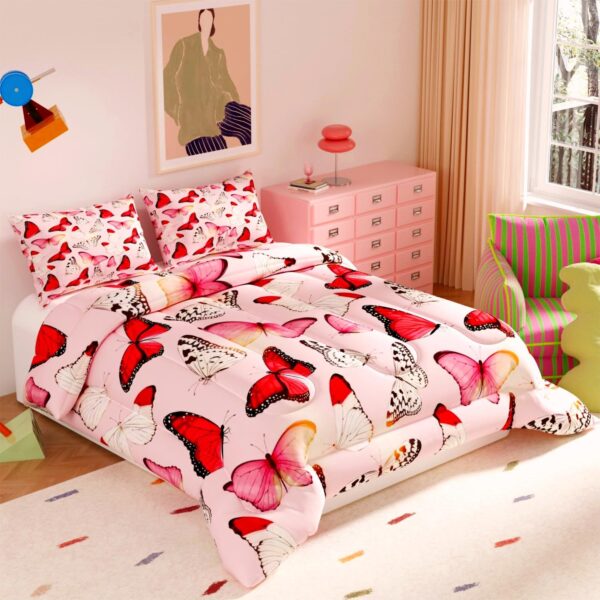 Pink Butterfly Bedding Set – Elegant Comforter with Red & Pink Butterfly Print - Image 2