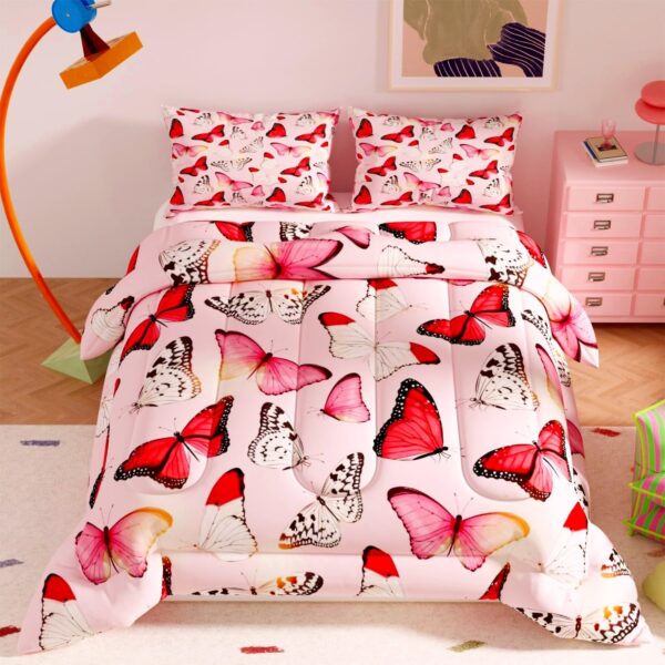 Pink Butterfly Bedding Set – Elegant Comforter with Red & Pink Butterfly Print