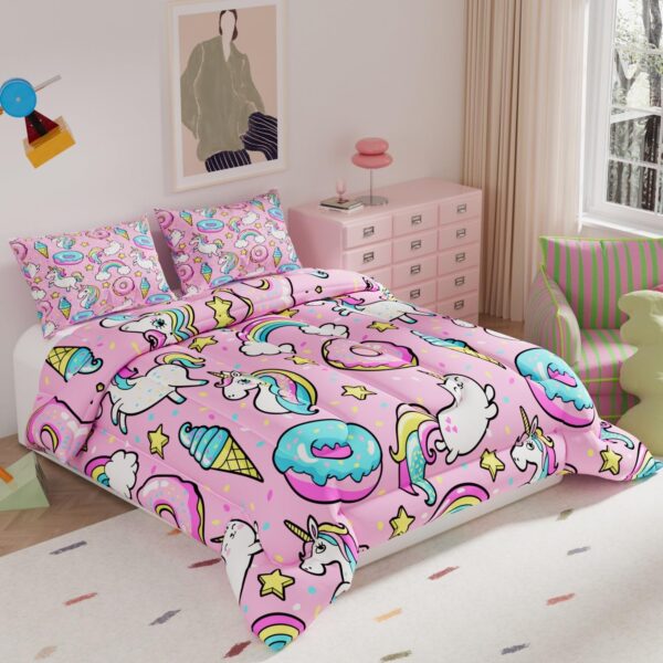 Pink Unicorn Bedding Set – Rainbow & Donut Kids Comforter - Image 2