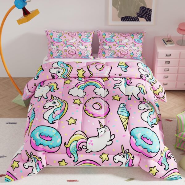 Pink Unicorn Bedding Set – Rainbow & Donut Kids Comforter - Image 3
