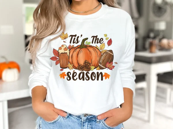 "Tis’ The Season" Fall Sweatshirt, Sweater – Pumpkins, Coffee & Football
