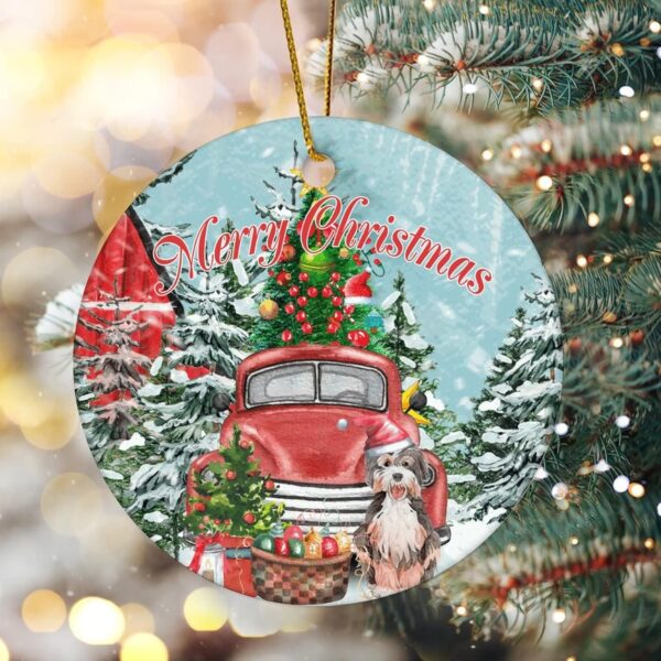 Vintage Red Truck Merry Christmas Ornament with Dog & Tree - Image 2