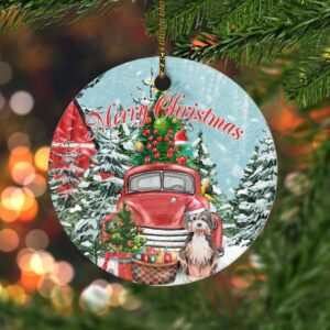 Vintage Red Truck Merry Christmas Ornament with Dog & Tree
