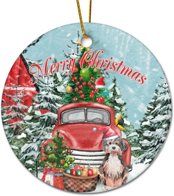 Vintage Red Truck Merry Christmas Ornament with Dog & Tree - Image 3