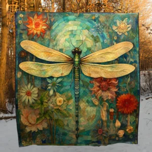 Dragonfly & Floral Art Quilt Blanket – Nature Inspired Home Décor