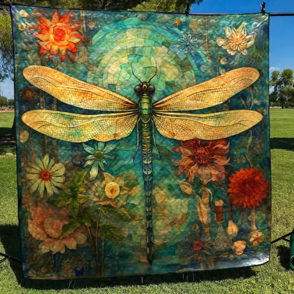 Dragonfly & Floral Art Quilt Blanket – Nature Inspired Home Décor - Image 2