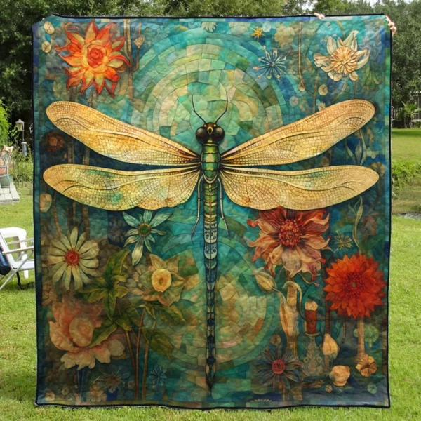 Dragonfly & Floral Art Quilt Blanket – Nature Inspired Home Décor - Image 3