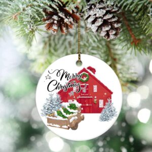 Rustic Red Barn Christmas Ceramic Ornament – Farmhouse Holiday Decor