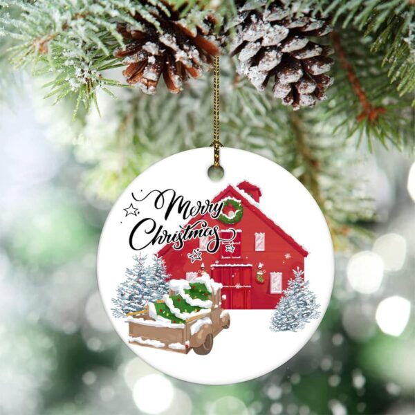 Rustic Red Barn Christmas Ceramic Ornament – Farmhouse Holiday Decor